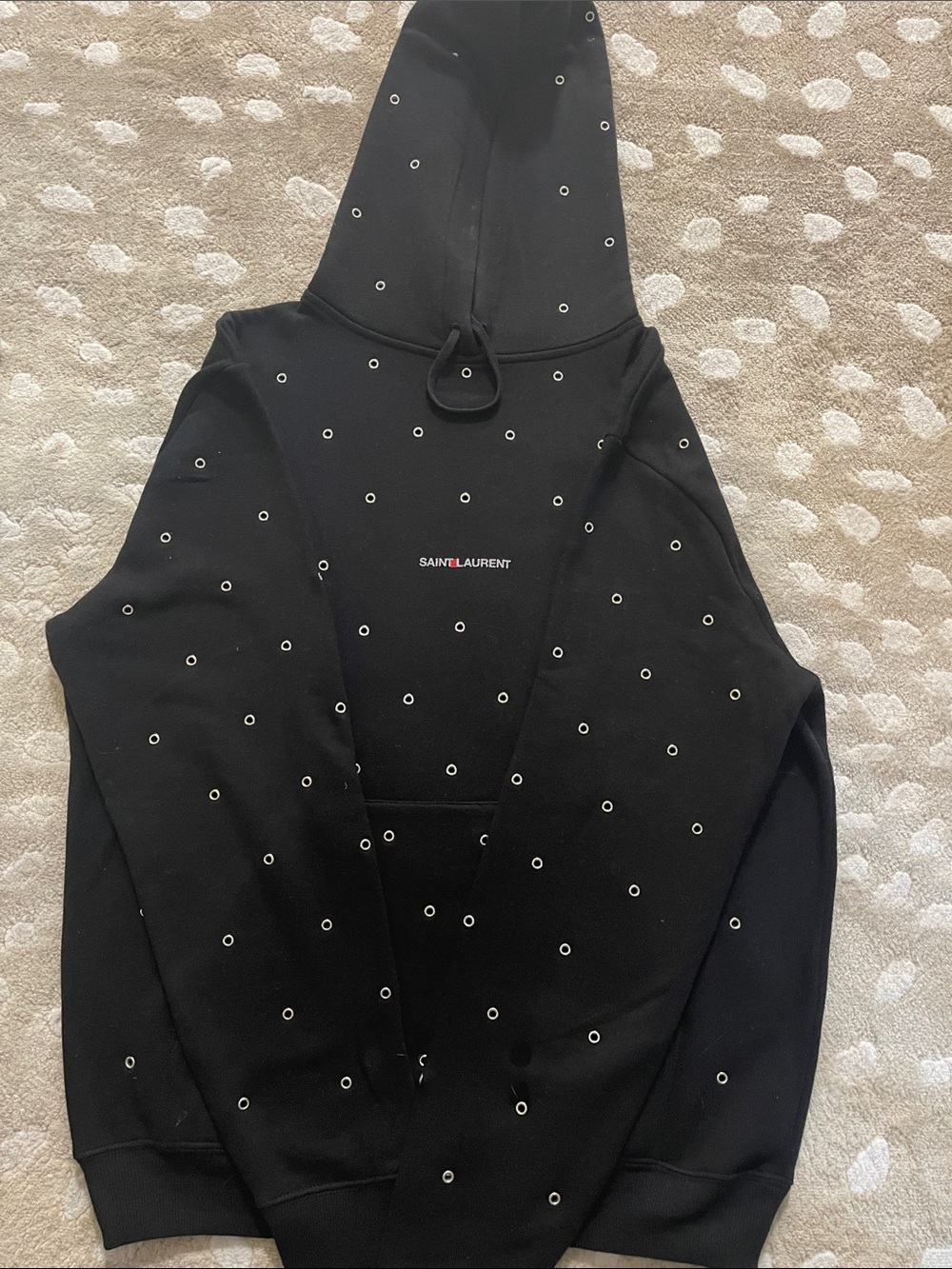 Saint Laurent Black Hoodie with Silver Eyelets Grommet men’s logo